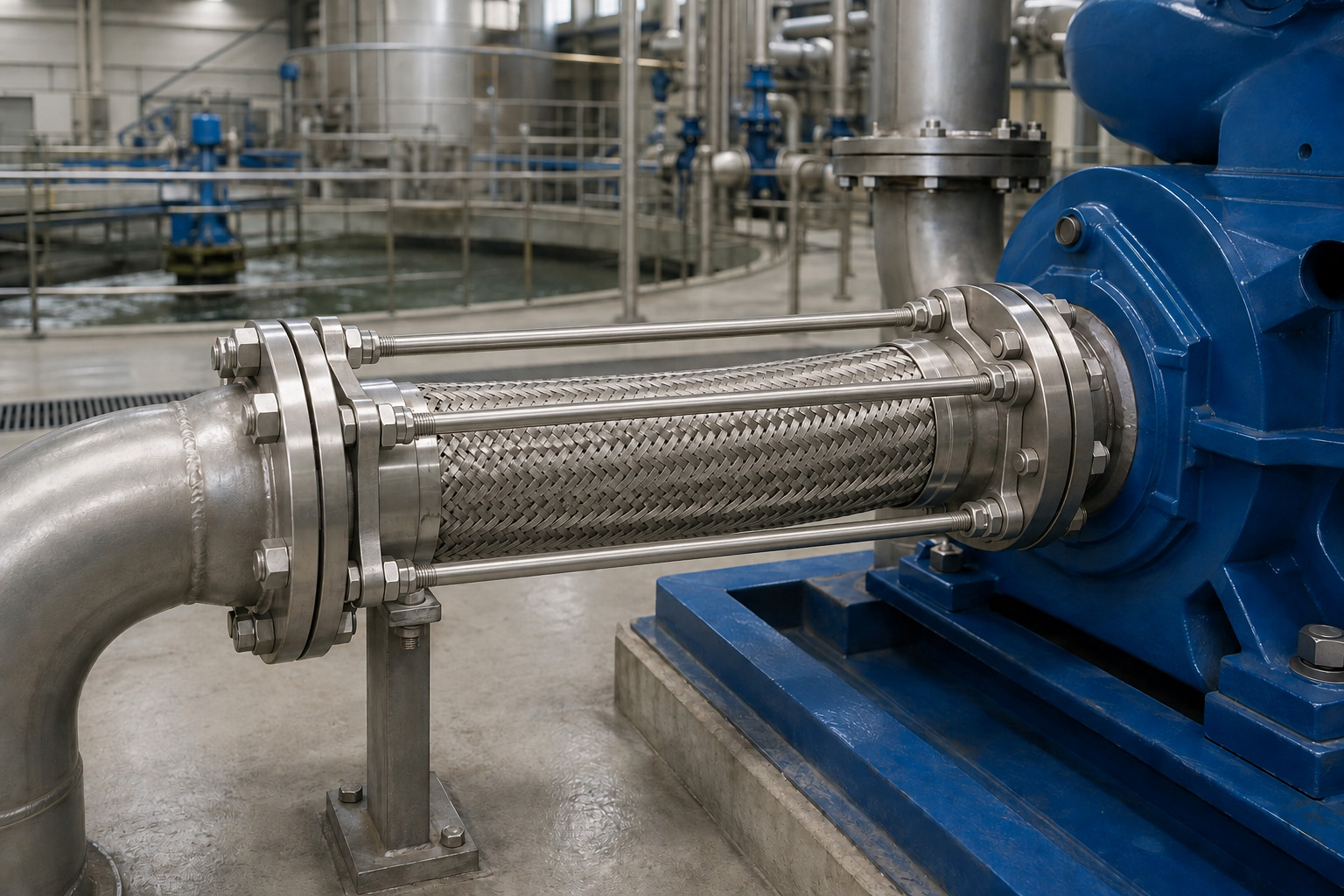 Vibrant Power braided stainless-steel metal hose assembly with external strength rods, installed as a restrained flexible connection around vibrating equipment in a water treatment facility.