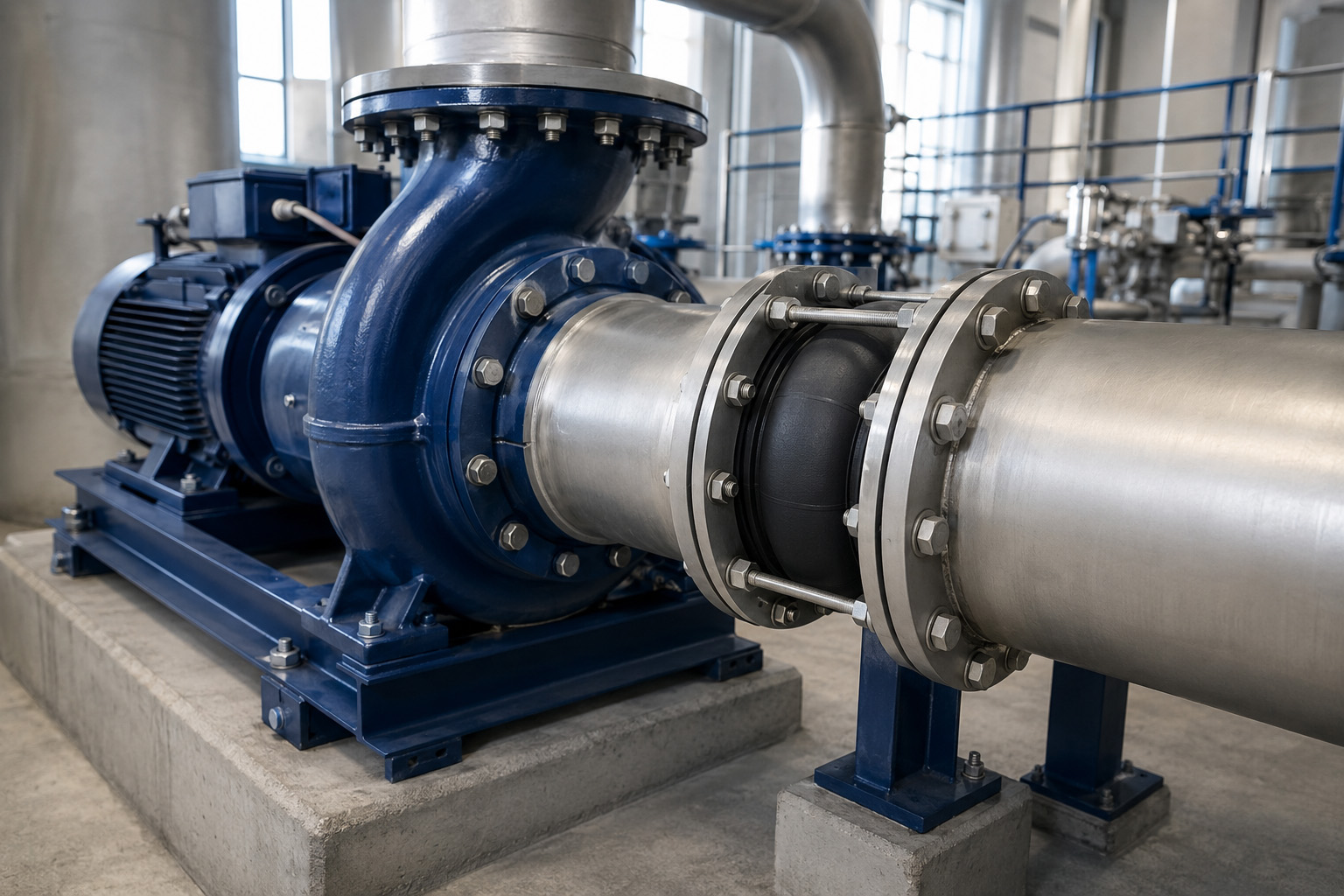Vibrant Power rubber expansion joint installed on a pump in a water treatment facility.